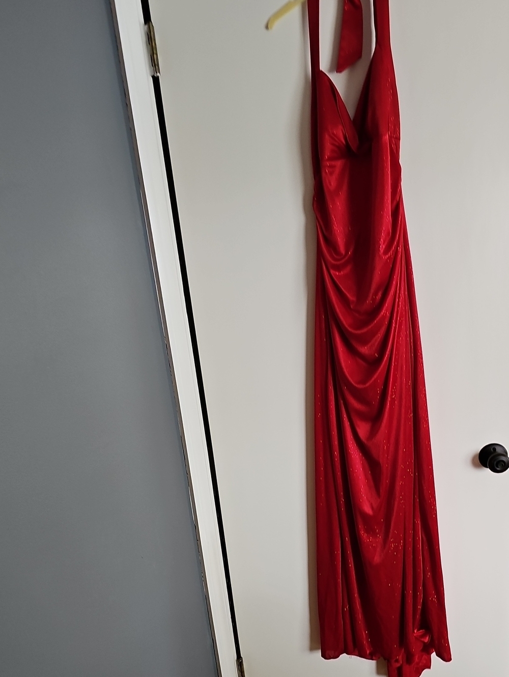 Jodi Kristopher Red Draped Halter Gown